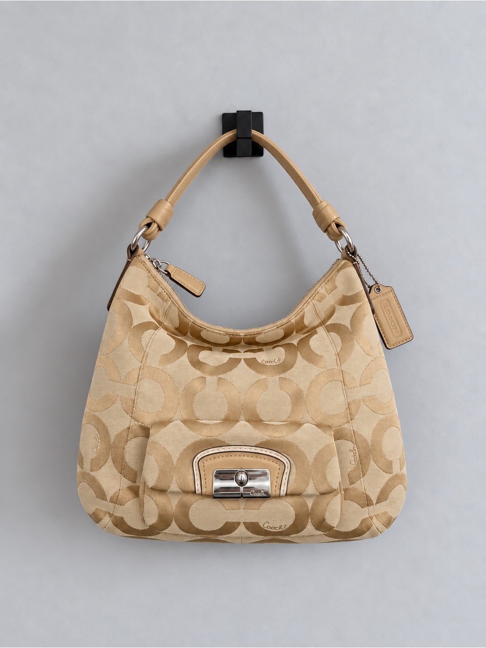 Coach Kristin Collection (circa 2010) Tan Signature Op Art Hobo Style #14911
